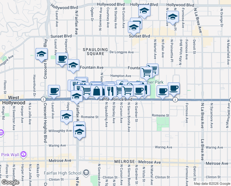 map of restaurants, bars, coffee shops, grocery stores, and more near 7630 Norton Avenue in West Hollywood