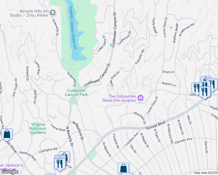 map of restaurants, bars, coffee shops, grocery stores, and more near 1116 Calle Vista Drive in Beverly Hills