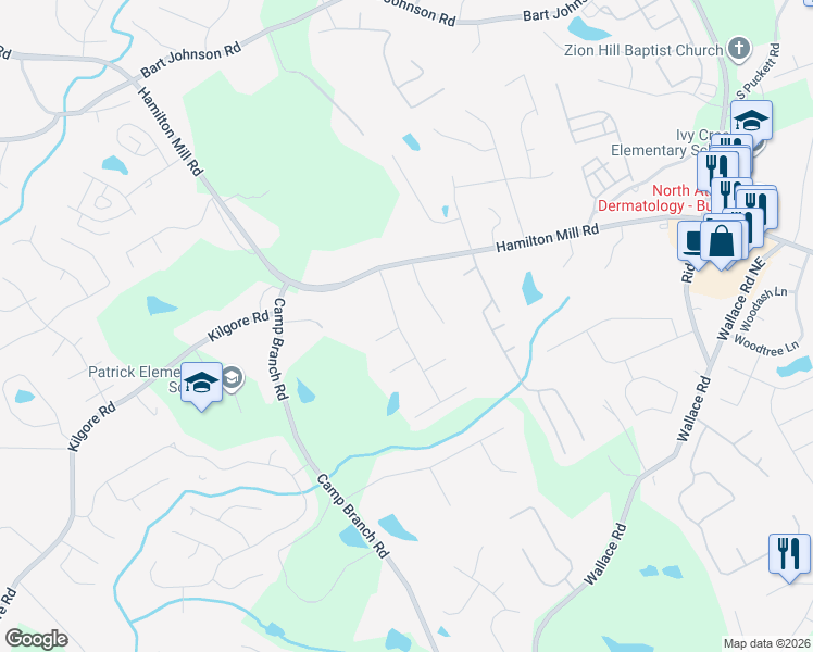 map of restaurants, bars, coffee shops, grocery stores, and more near 3383 Old Oaks Road in Buford