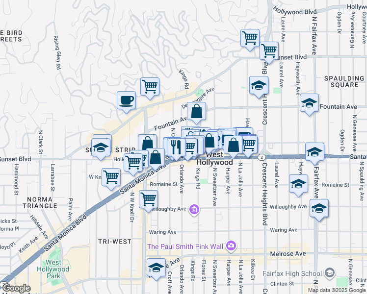 map of restaurants, bars, coffee shops, grocery stores, and more near 1210 North Kings Road in West Hollywood