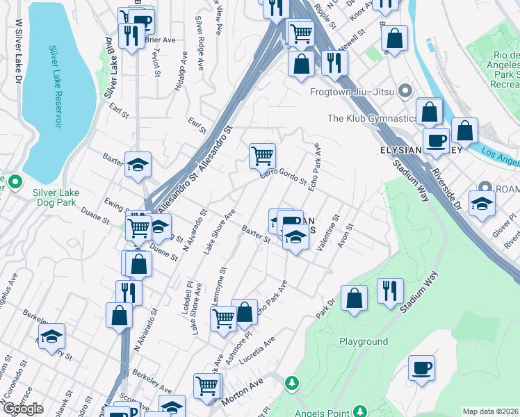 map of restaurants, bars, coffee shops, grocery stores, and more near 2140 Lemoyne Street in Los Angeles