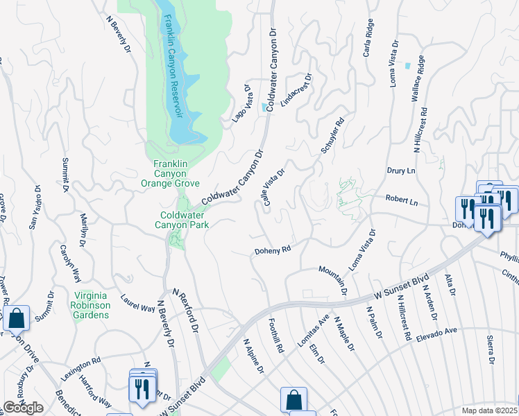 map of restaurants, bars, coffee shops, grocery stores, and more near 1116 Calle Vista Drive in Beverly Hills