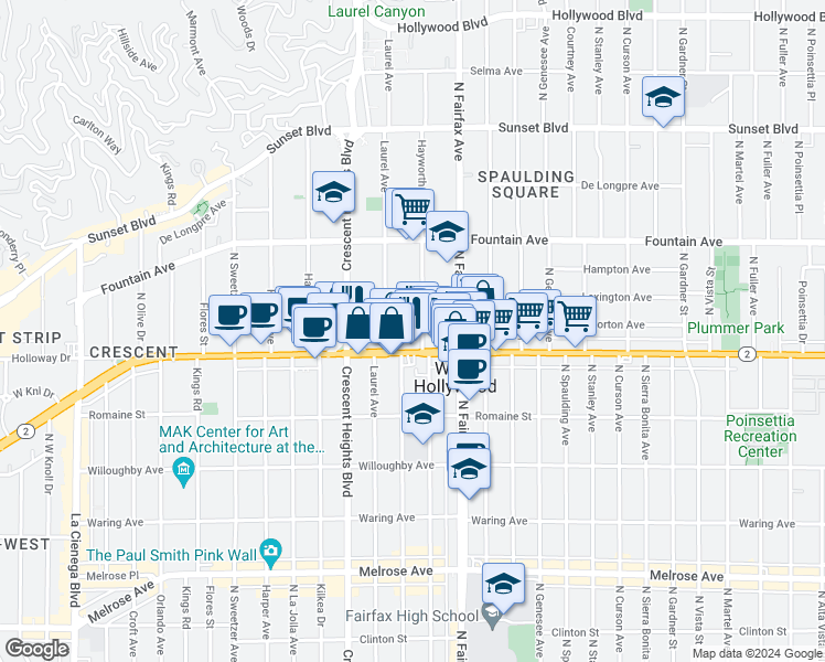 map of restaurants, bars, coffee shops, grocery stores, and more near 7956 Norton Avenue in West Hollywood