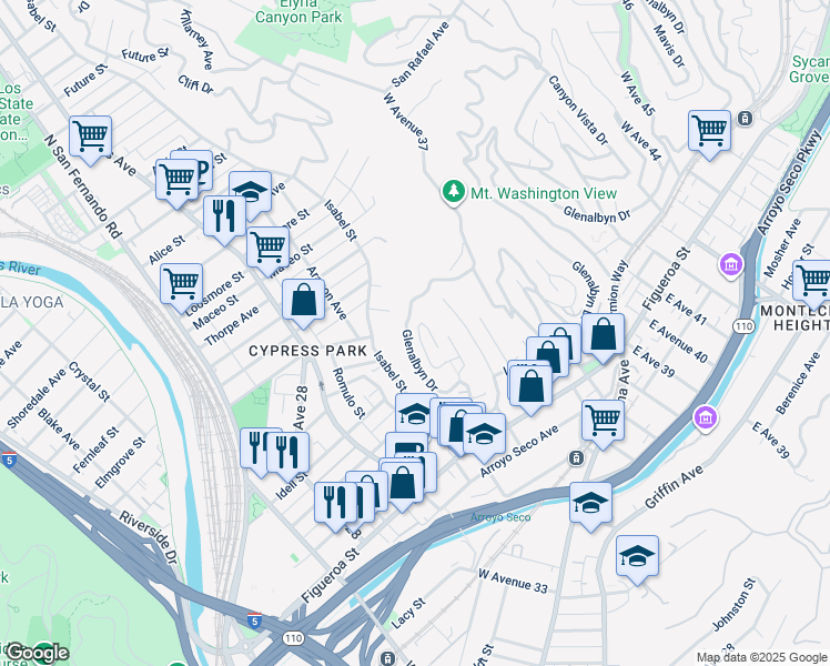 map of restaurants, bars, coffee shops, grocery stores, and more near 528 Vista Gloriosa Drive in Los Angeles