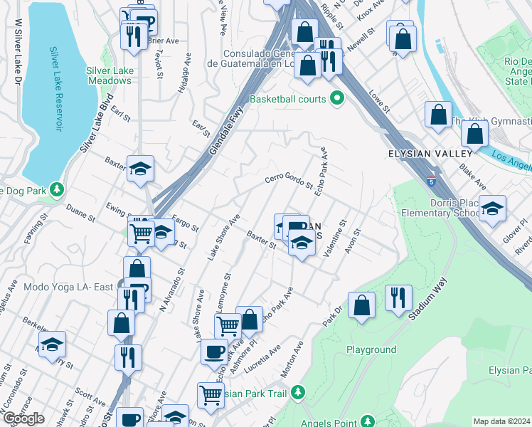 map of restaurants, bars, coffee shops, grocery stores, and more near 2140 Lemoyne Street in Los Angeles