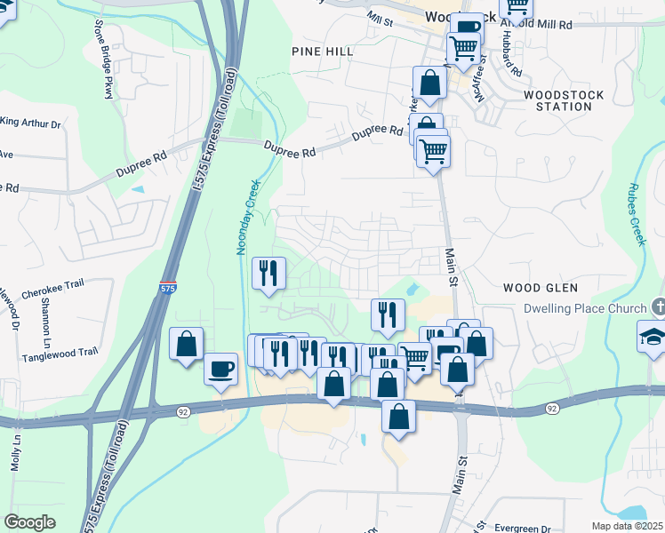 map of restaurants, bars, coffee shops, grocery stores, and more near 1010 Fendley Street in Woodstock