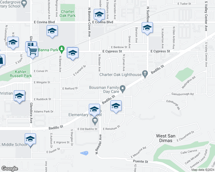 map of restaurants, bars, coffee shops, grocery stores, and more near 478 North Stephora Avenue in Covina