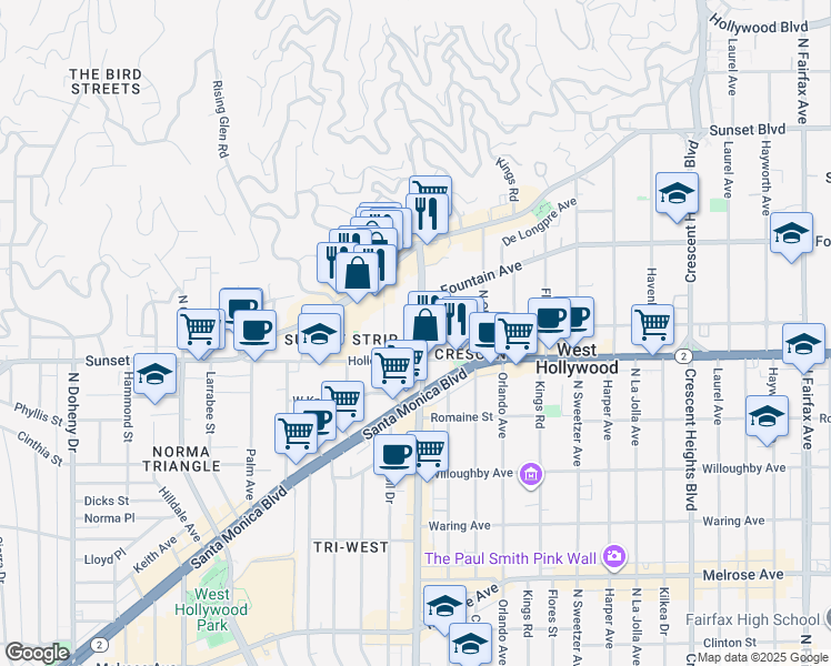 map of restaurants, bars, coffee shops, grocery stores, and more near 1155 La Cienega Boulevard in West Hollywood