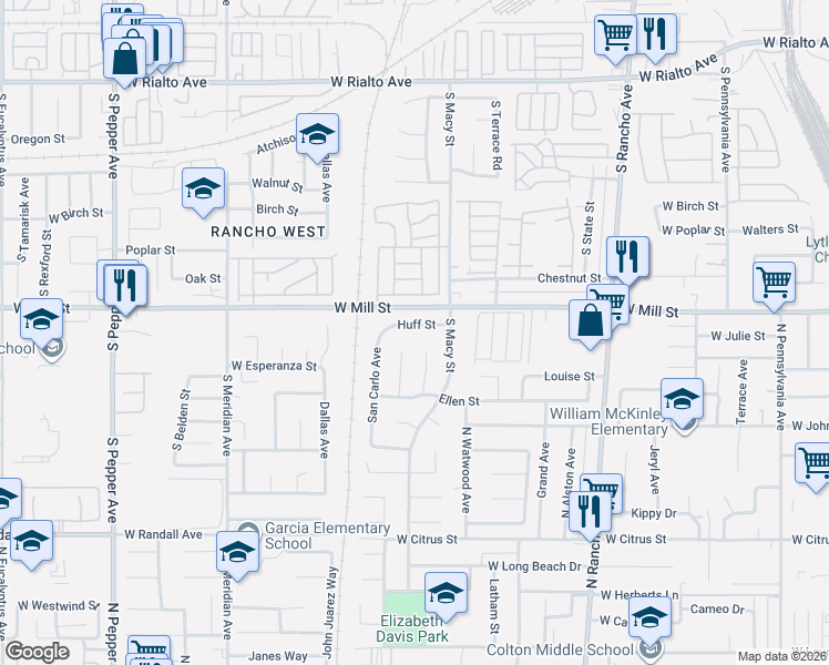 map of restaurants, bars, coffee shops, grocery stores, and more near 2370 Huff Street in Colton