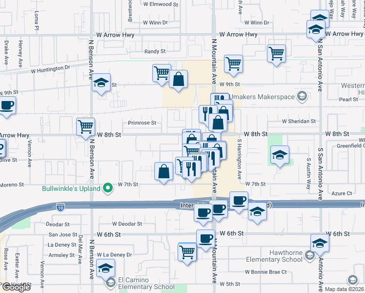 map of restaurants, bars, coffee shops, grocery stores, and more near 247 Sinclair Avenue in Upland