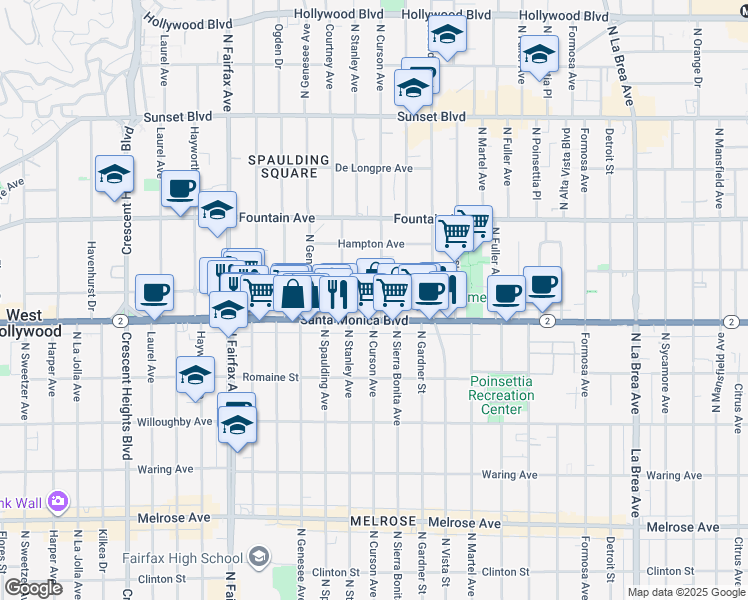 map of restaurants, bars, coffee shops, grocery stores, and more near 7627 Norton Avenue in West Hollywood