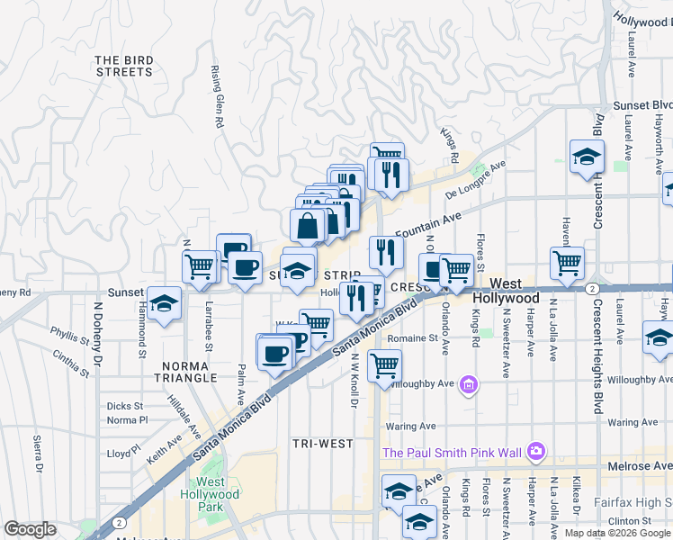 map of restaurants, bars, coffee shops, grocery stores, and more near 8590 Sunset Boulevard in West Hollywood