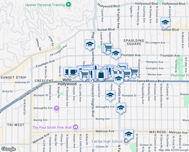 map of restaurants, bars, coffee shops, grocery stores, and more near 8011 Norton Avenue in West Hollywood