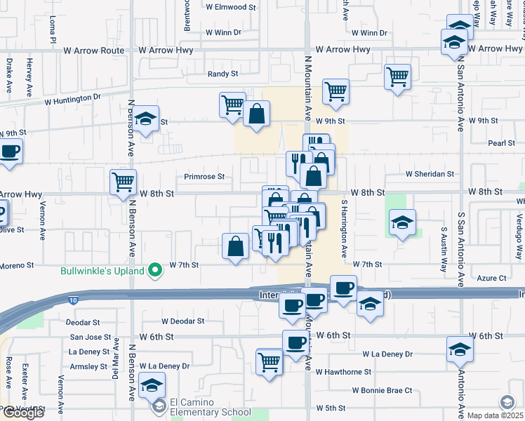 map of restaurants, bars, coffee shops, grocery stores, and more near 247 Sinclair Avenue in Upland