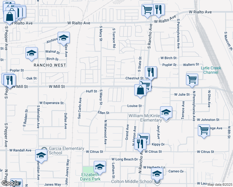 map of restaurants, bars, coffee shops, grocery stores, and more near 2250 West Mill Street in Colton