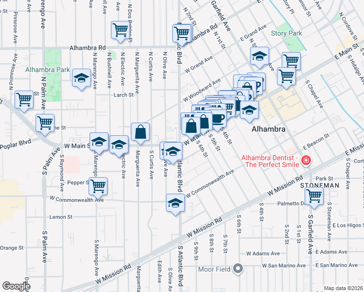 map of restaurants, bars, coffee shops, grocery stores, and more near 700 West Main Street in Alhambra