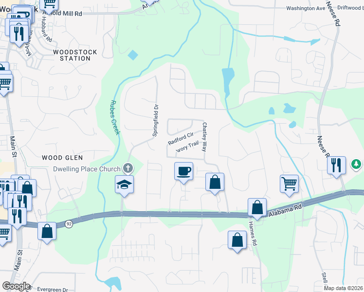 map of restaurants, bars, coffee shops, grocery stores, and more near 718 Ivory Trail in Woodstock