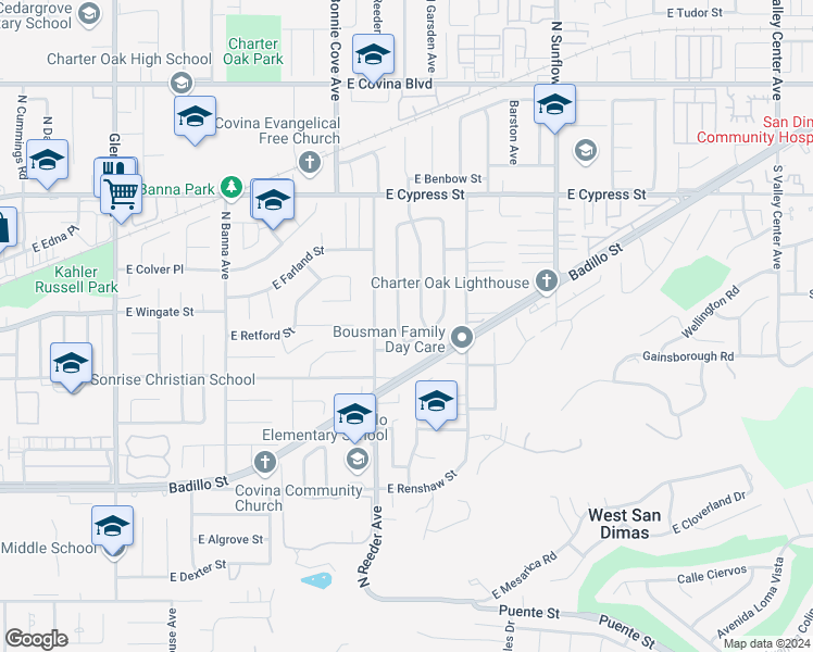 map of restaurants, bars, coffee shops, grocery stores, and more near 478 North Stephora Avenue in Covina