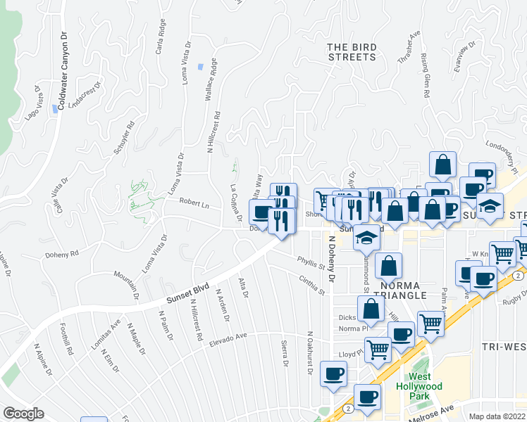 map of restaurants, bars, coffee shops, grocery stores, and more near 1135 Sunset Vale Avenue in Los Angeles