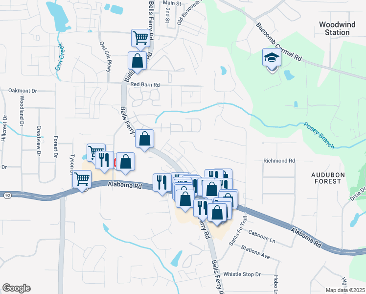 map of restaurants, bars, coffee shops, grocery stores, and more near 1031 Tranquil Gardens Place in Acworth