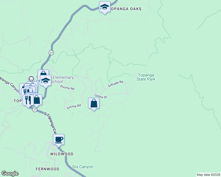 map of restaurants, bars, coffee shops, grocery stores, and more near 21042 Entrada Road in Topanga