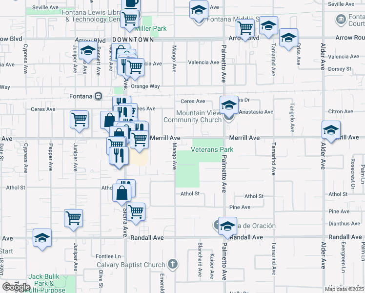 map of restaurants, bars, coffee shops, grocery stores, and more near 8939 Mango Avenue in Fontana