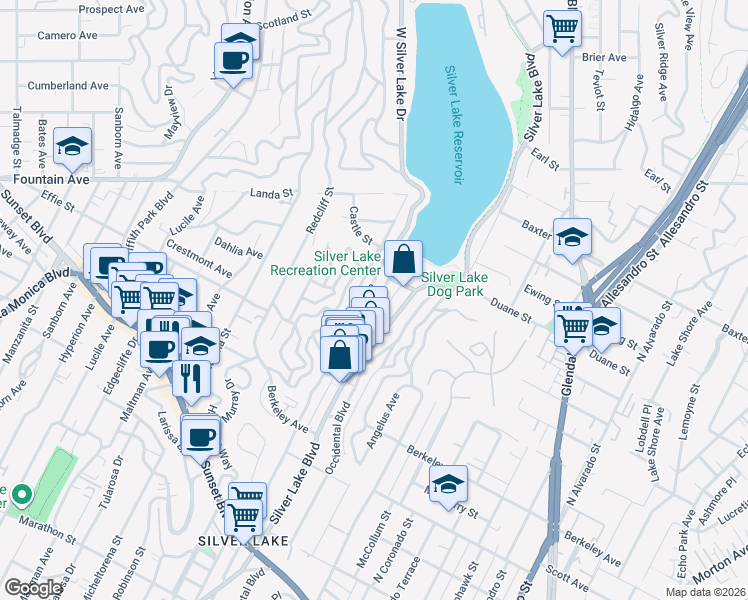 map of restaurants, bars, coffee shops, grocery stores, and more near 1842 Westerly Terrace in Los Angeles