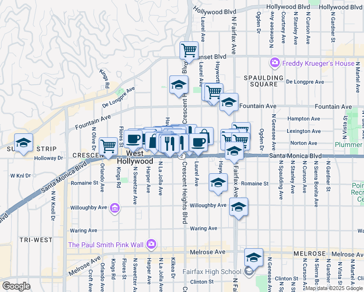 map of restaurants, bars, coffee shops, grocery stores, and more near 8109 1/2 Norton Avenue in West Hollywood