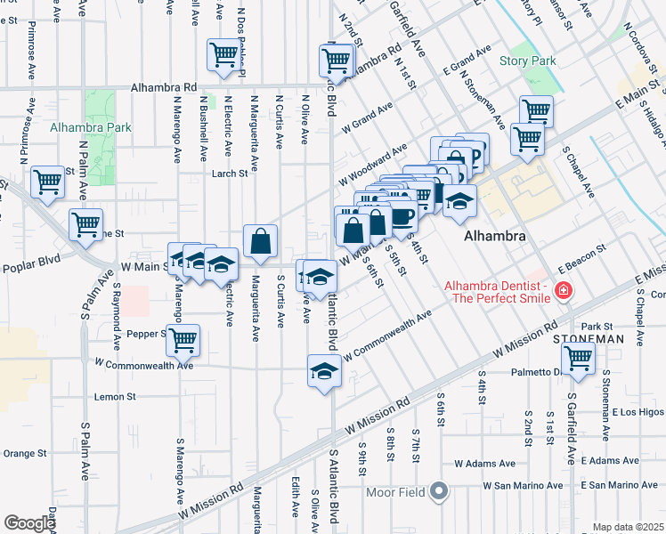map of restaurants, bars, coffee shops, grocery stores, and more near 0 South Atlantic Boulevard in Alhambra