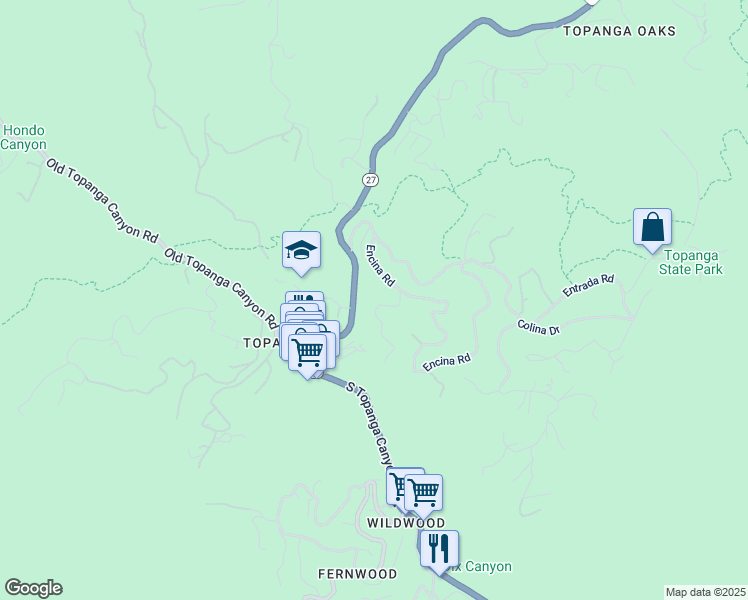 map of restaurants, bars, coffee shops, grocery stores, and more near 231 Muerdago Road in Topanga