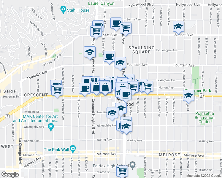 map of restaurants, bars, coffee shops, grocery stores, and more near 7956 Norton Avenue in Los Angeles