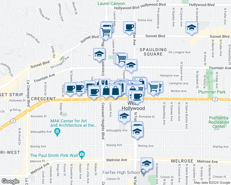 map of restaurants, bars, coffee shops, grocery stores, and more near 1120 Laurel Avenue in West Hollywood