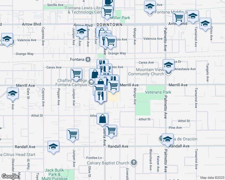 map of restaurants, bars, coffee shops, grocery stores, and more near 8919 Sierra Avenue in Fontana