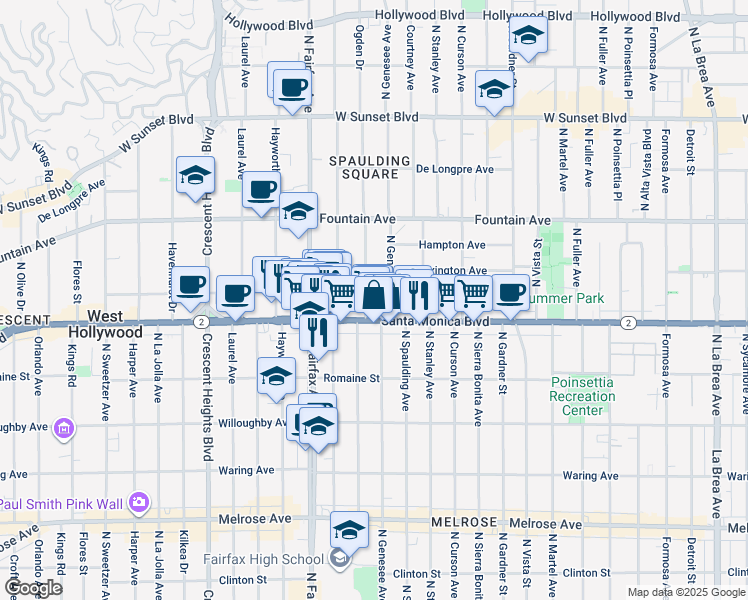 map of restaurants, bars, coffee shops, grocery stores, and more near 1124 North Ogden Drive in Los Angeles