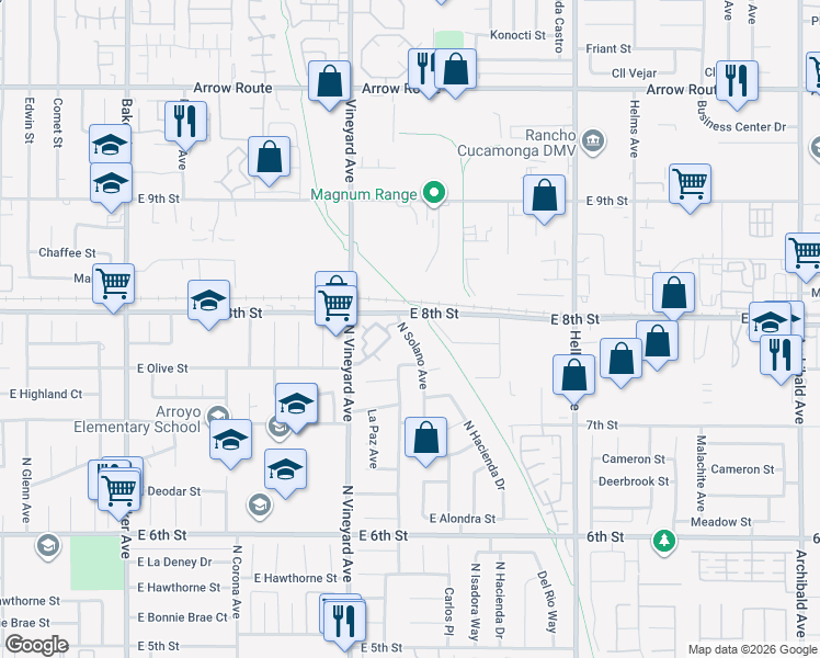 map of restaurants, bars, coffee shops, grocery stores, and more near 1834 North Solano Avenue in Ontario