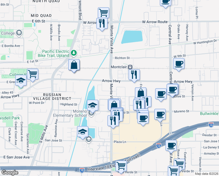 map of restaurants, bars, coffee shops, grocery stores, and more near 4861 East Arrow Highway in Montclair