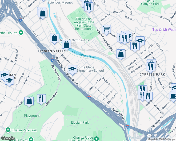 map of restaurants, bars, coffee shops, grocery stores, and more near 2334 Glover Place in Los Angeles