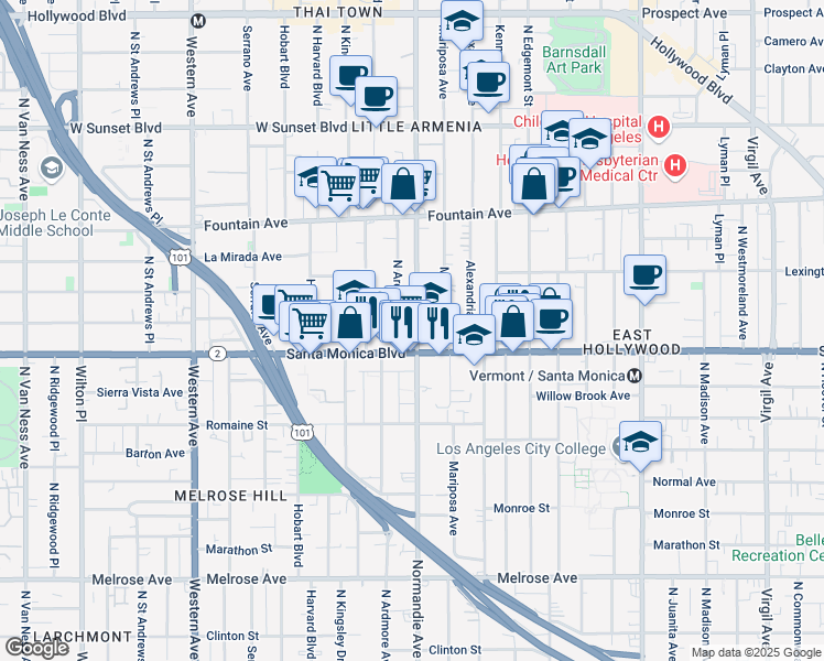 map of restaurants, bars, coffee shops, grocery stores, and more near 1137 North Normandie Avenue in Los Angeles