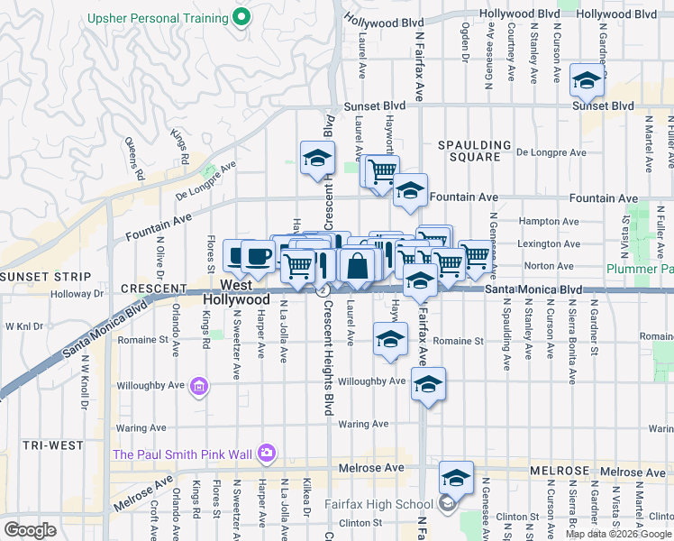 map of restaurants, bars, coffee shops, grocery stores, and more near 8011 Norton Avenue in West Hollywood