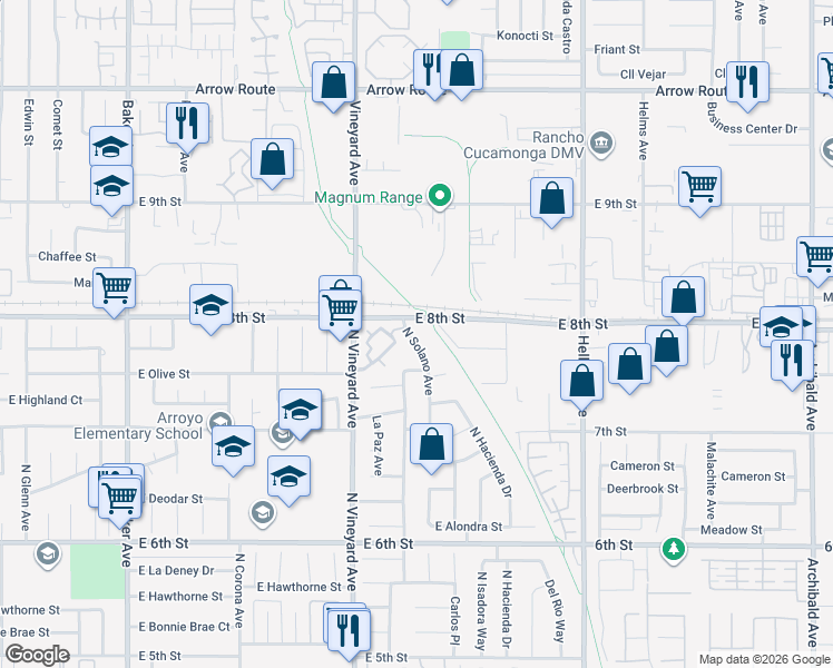 map of restaurants, bars, coffee shops, grocery stores, and more near 1834 North Solano Avenue in Ontario