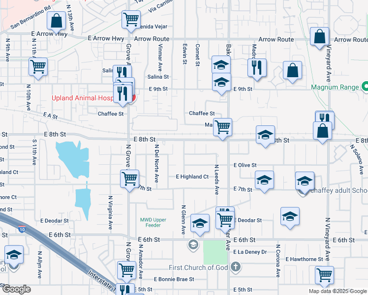 map of restaurants, bars, coffee shops, grocery stores, and more near 927 North Glenn Avenue in Ontario