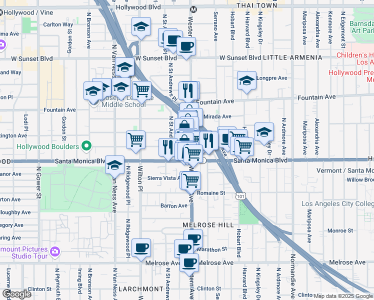 map of restaurants, bars, coffee shops, grocery stores, and more near 1151 Virginia Avenue in Los Angeles