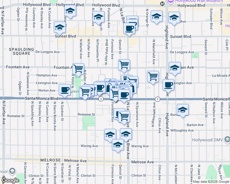 map of restaurants, bars, coffee shops, grocery stores, and more near 1126 North Formosa Avenue in West Hollywood