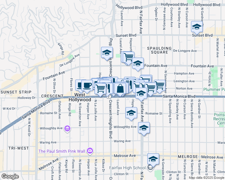map of restaurants, bars, coffee shops, grocery stores, and more near 8011 Norton Avenue in West Hollywood