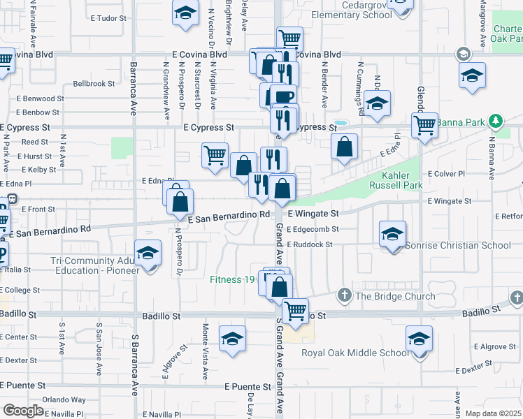 map of restaurants, bars, coffee shops, grocery stores, and more near 841 East San Bernardino Road in Covina