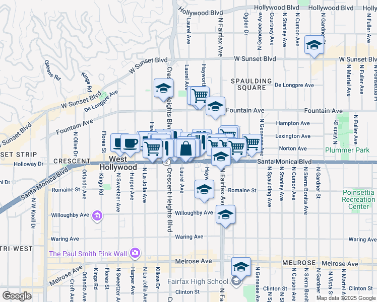 map of restaurants, bars, coffee shops, grocery stores, and more near 1120 Laurel Avenue in West Hollywood