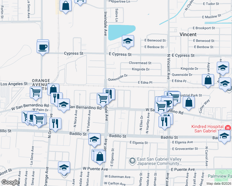 map of restaurants, bars, coffee shops, grocery stores, and more near 4315 North Shadydale Avenue in Covina