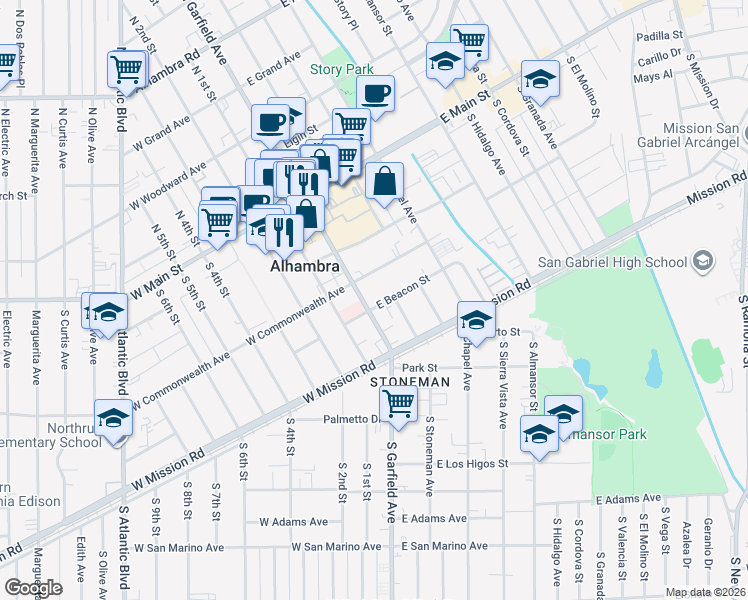 map of restaurants, bars, coffee shops, grocery stores, and more near 330 South Garfield Avenue in Alhambra