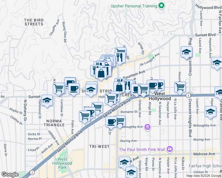 map of restaurants, bars, coffee shops, grocery stores, and more near 1134 Alta Loma Road in West Hollywood