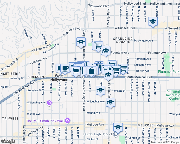 map of restaurants, bars, coffee shops, grocery stores, and more near 8008 Norton Avenue in West Hollywood
